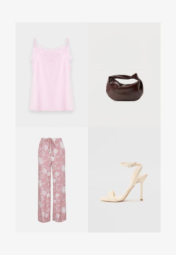 Camisole rose avec des bretelles réglables, ornée d'une délicate bordure en dentelle le long de l'encolure et d'une texture de tissu lisse et doux.; Pantalon rose à jambes larges avec broderie florale blanche et taille à cordon, présenté sur un fond uni.; Sandale à talon haut beige avec une sangle fine autour de la cheville et un bout carré. Matériau synthétique lisse, design minimaliste et talon aiguille.; Sac bandoulière en cuir marron foncé avec une forme souple et décontractée et une anse nouée torsadée sur un fond blanc uni.