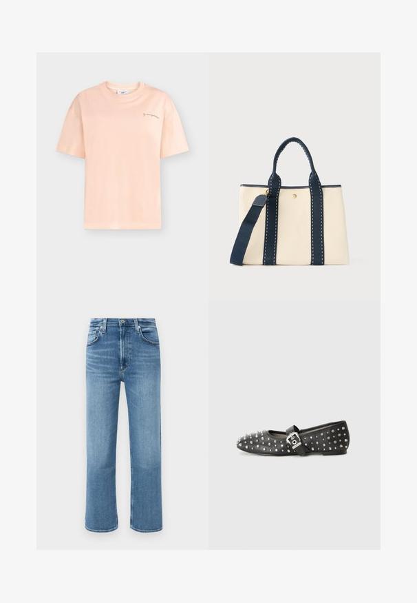 Vaalean persikanvärinen lyhythihainen T-paita, jossa on pyöreä kaula-aukko ja pieni kursiiviteksti "by marcopolosdenim" vasemmassa ylärinnassa.; Kes jeans denim biru tengah, lurus, dengan pinggang tinggi, kancing depan, dan gaya lima kantong di latar belakang polos.; Musta litteä kenkä, jossa on hopeisia niittejä, varustettuna soljella säädettävällä remmillä. Kengässä on terävä kärki ja matala korko.; Beige suorakulmainen kangaskassi, jossa on tummansiniset kahvat, pystysuorat remmit ja säädettävä olkahihna yksivärisellä taustalla.