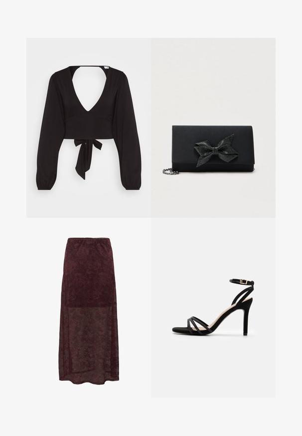 Čierny cropped top s dlhými puff rukávmi, hlbokým V výstrihom a viazaním v páse, vyrobený z hladkej a elastickej tkaniny.; Burgundská krajková maxi sukňa s kvetinovými vzormi, priesvitnou spodnou časťou a elastickým pásom. Mäkká, textúrovaná tkanina.; Anna Field Sandále - black; Čierna kabelka na uchopenie s hodvábnym povrchom, zdobená textúrovanou kovovou mašľou. Obsahuje retiazkový popruh pre všestranné možnosti nosenia.
