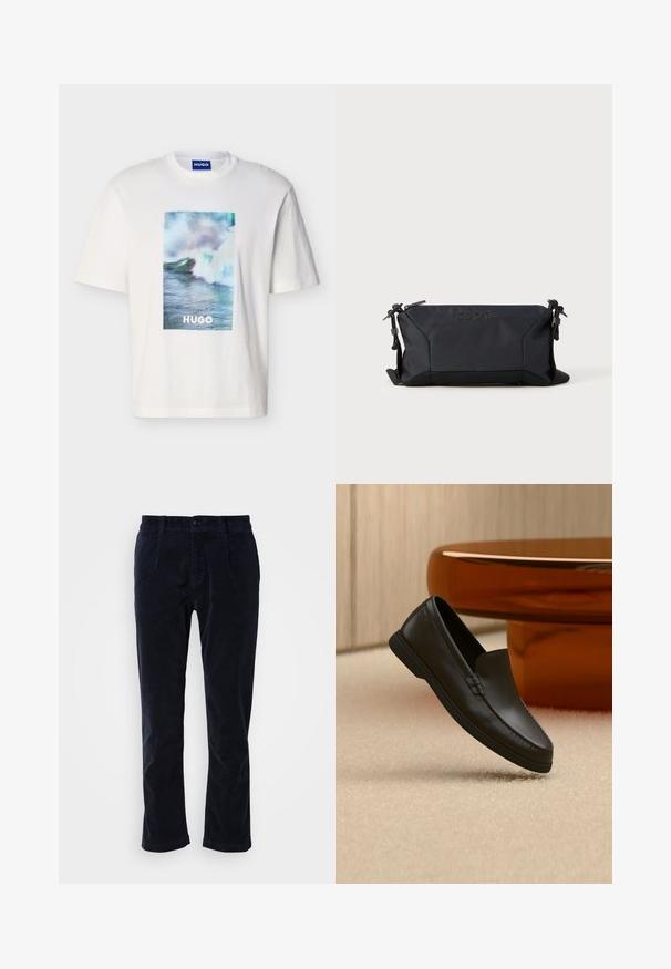 Hvid T-shirt med korte ærmer med blå, grønne og hvide havbølger og teksten "HUGO" centreret på forsiden.; Mørkeblå kordfløjl bukser med glat front, to forlommer og en enkelt knaplukning. Blød tekstur, let taperede ben.; Sort læder slip-on loafer vist på beige tæppe ved siden af et buet borde af ravfarvet glas i et rum med neutrale toner.; Sort nylon pose med struktureret stof, der har en top lynlåslukning og logo detalje. Kompakt design med sideclips. Måler cirka 30 cm.