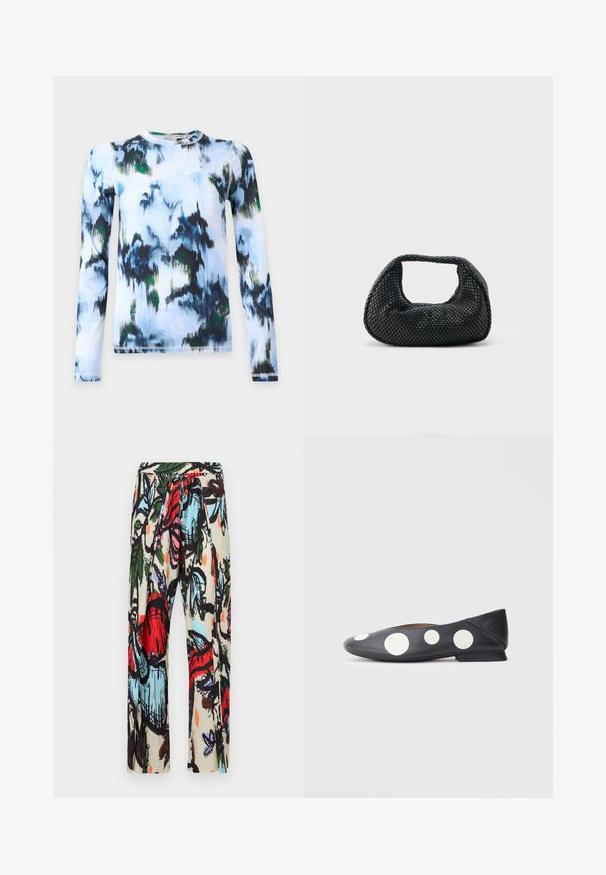 Chemise à manches longues avec un motif aquarelle abstrait bleu, noir, vert et blanc et un col rond sur fond uni.; Pantalon à imprimé floral avec un fond crème, des couleurs vives rouge, bleu et vert, une texture plissée et une taille ajustable avec cordon.; Ballerines en cuir noir ornées de gros pois blancs, avec un bout arrondi et un petit talon. Texture lisse avec un minimum de coutures apparentes.; Sac hobo tissé noir avec une structure souple et une poignée intégrée, présenté sur un fond clair uni.