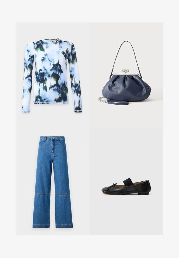 Langærmet skjorte med abstrakt akvarelmønster i blå, sort, grøn og hvid og rund halsudskæring mod ensfarvet baggrund.; Bredde ben jeans i blå denim med høj talje, der har dobbelt stikning ved knæene og en tekstureret stofoverflade.; Sorte læder ballet flats med en rund tå, en lille knude detalje og et elastisk bånd over vristen for en sikker pasform. Flad sål.; Blød navyblå læderhåndtaske med sølv lukning, enkelt skulderrem og aftagelig kæde til håndleddet på hvid baggrund.
