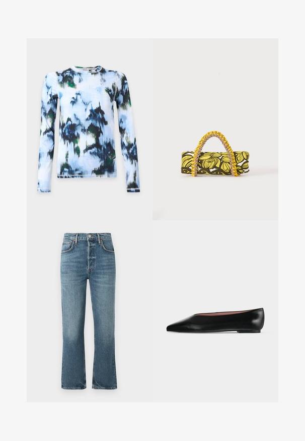 Langärmliges Hemd mit blauem, schwarzem, grünem und weißem abstraktem Aquarellmuster und rundem Ausschnitt vor einfarbigem Hintergrund.; Hellblaue Denim-Jeans mit hoher Taille, geradem Bein und dezentem Verblassen. Verfügt über klassischen Fünf-Taschen-Stil und Metallknopfverschluss.; Schwarzer flacher Damenleder-Schuh mit spitzer Kappe und niedrigem Absatz, von der Seite auf einfarbigem hellgrauem Hintergrund gezeigt.; Rechteckige Tasche mit gelbem und schwarzem Blumenmuster und geflochtenem gelb-pinkem Griff auf weißem Hintergrund.