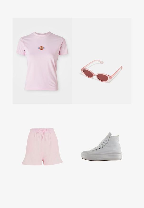 Roze katoenen t-shirt met korte mouwen, ronde halslijn en een klein rond logo in rood, geel en blauw op de borst.; Lichtroze shorts van textuurstof, met een elastische tailleband en een trekkoord, en een ontspannen, uitlopende silhouette.; Witte hoge canvas sneaker met witte veters, metalen oogjes, dikke rubberen zool en gestructureerde neuskap, naar links gericht op een witte achtergrond.; Roze transparante zonnebril met ovale lenzen, donkerrode tint en slanke pootjes, met een gladde afwerking en subtiele details op het frame.