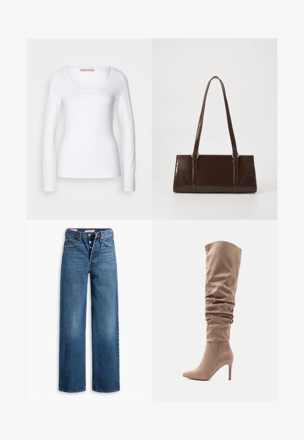 T-shirt en coton blanc à manches longues, avec un col rond et une coupe ajustée, au toucher doux et sans ornement.; Jean en denim bleu avec une coupe large, cinq poches, braguette à boutons et piqûres contrastées. Tissu texturé avec un fini délavé.; Botte en simili daim beige allant au-dessus du genou avec un design décontracté, un bout pointu et un talon aiguille de 10 cm. Texture lisse et style minimaliste.; Sac à main en cuir verni marron de forme rectangulaire, avec deux longues poignées et des accents courbés subtils à l'avant.