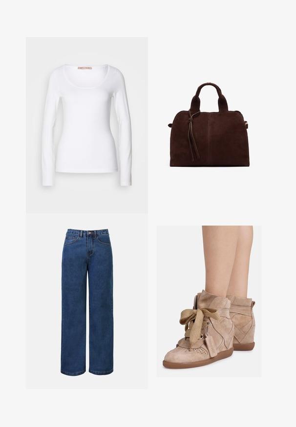 T-shirt en coton blanc à manches longues, avec un col rond et une coupe ajustée, au toucher doux et sans ornement.; Jean large en denim bleu foncé avec taille haute, doté d'une fermeture à bouton, de passants de ceinture et de poches avant et arrière. Texture lisse.; Baskets compensées en daim beige avec des lacets épais tissés noués en nœud et une étiquette "BRONX" sur le côté, portées aux chevilles d'une personne.; Sac à main en daim marron avec deux poignées supérieures, un détail de nœud à l'avant et une couture contrastante. Texture douce et forme structurée.