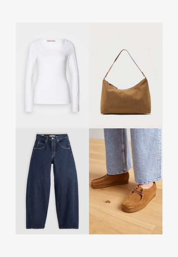 Langærmet hvid bomulds T-shirt med rund halsudskæring og tætsiddende design, med glat tekstur og uden udsmykninger.; Mørkeblå denim jeans med løs pasform, lyse syninger, fem lommer og en knaplukning ved taljen.; Brune ruskindsko med en rund tå og tanfarvet gummisål, der har et simpelt snørebåndsdesign, parret med lyseblå denimbukser.; Brun skuldertaske i ruskind med enkelt rem og lynlås øverst, vist mod en ensfarvet hvid baggrund.