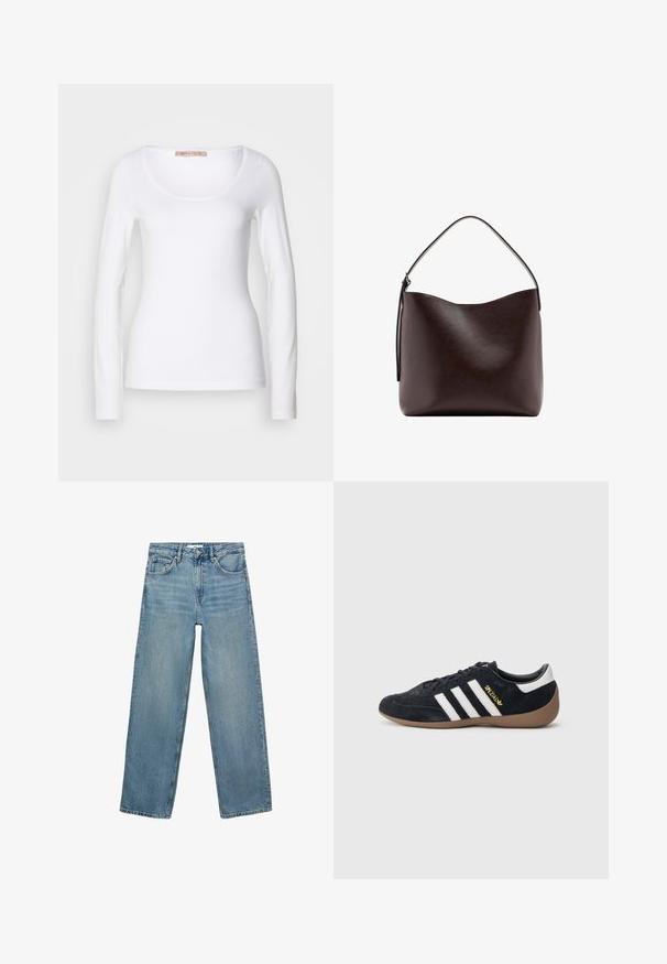Langærmet hvid bomulds T-shirt med rund halsudskæring og tætsiddende design, med glat tekstur og uden udsmykninger.; Lyseblå denim jeans med lige ben, høj talje, fem lommer og kontraststing. Ingen dekorationer eller mønstre er til stede.; Sort ruskindssneaker med tre hvide striber, gummisål og et lille gyldent logo på siden. Har en glat sort foring indvendigt.; Mørkebrun læderhåndtaske med et enkelt buet topgreb og en glat, usmykket overflade mod en hvid baggrund.