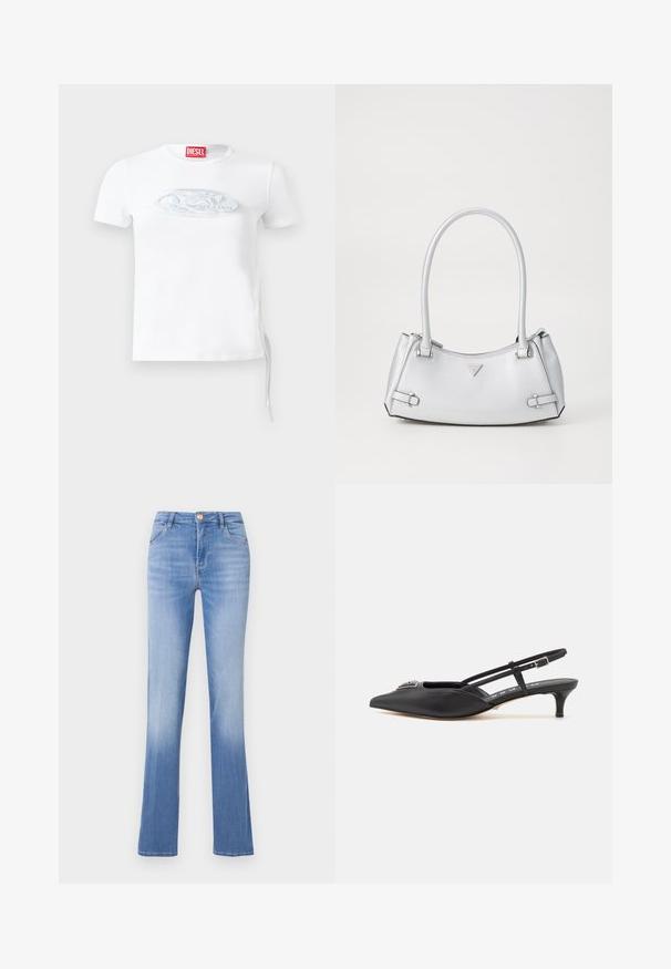 Witte katoenen T-shirt met korte mouwen, voorzien van een subtiel reliëflogo in blauwgrijs op de borst en een trekkoorddetail aan de zijkant.; Lichtblauwe denim jeans met een flared vorm, vijf zakken en een voor sluiting met knoop. Vervaagd aan de onderkant voor een gradiënt effect.; Zwarte slingback schoenen met een puntige neus, gemaakt van glad materiaal, met een kleine hak en een decoratieve zilverkleurige accent op de wreef.; Zilveren handtas met een gestructureerd ontwerp, voorzien van twee handvatten, een glanzende textuur, opvallende hardware en een driehoekig logo aan de voorkant.