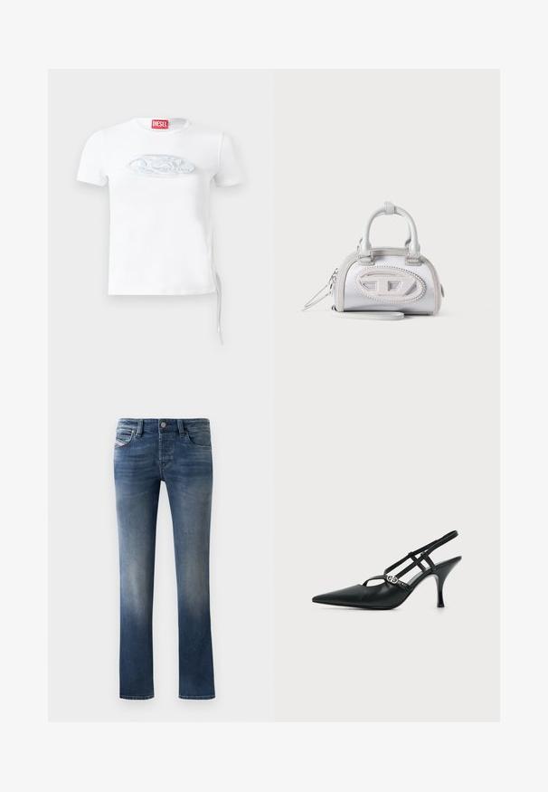 Weißes kurzärmeliges T-Shirt aus Baumwolle mit einem dezenten, in Blau-Grau geprägten Logo auf der Brust und einer seitlichen Kordelzug-Detail.; Dunkelblaue Jeans aus Denim mit geradem Bein, die dezente Ausbleichungen an den Oberschenkeln und einen klassischen Fünf-Taschen-Stil aufweisen.; Schwarzer Lederslingback mit spitzer Spitze, dünnen Riemen und einer kleinen silbernen dekorativen Schnalle an der Seite.; Kleine weiße Handtasche mit doppelten Griffen, oval gesticktem Logo vorne und abnehmbarem Handgelenksriemen vor hellem Hintergrund.