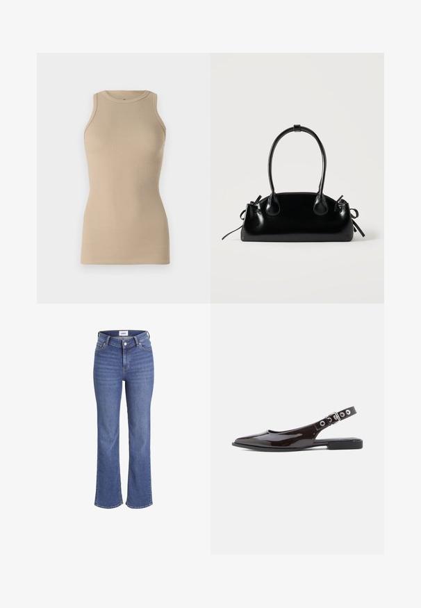 Replay Top - stone ivory; Mørkeblå jeans i denim med høj talje, brede ben og et traditionelt fem-lomme design. Har synlig syning og lukning med en frontknap.; Sorte slingback-flats i lakeret læder med spids tå, flad hæl og justerbar rem med sølvfarvet hardware og nitteaccents.; Lille sort blank håndtaske med to lange håndtag og snøre-detaljer i siden på en ensfarvet lys baggrund.