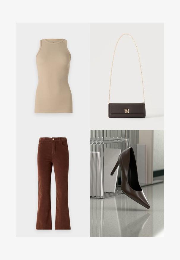 Replay Débardeur - stone ivory; Pantalons évasés en velours côtelé marron avec une taille mi-haute, dotés d'une fermeture à bouton et de deux poches avant. Texture lisse et couleur uniforme.; Chaussure en cuir marron foncé à talon haut flottant au-dessus d'un sol réfléchissant près d'une étagère métallique avec des panneaux blancs dans une pièce.; Sac à main rectangulaire en cuir marron foncé avec une bandoulière chaîne dorée et une petite fermeture carrée dorée au centre avant.