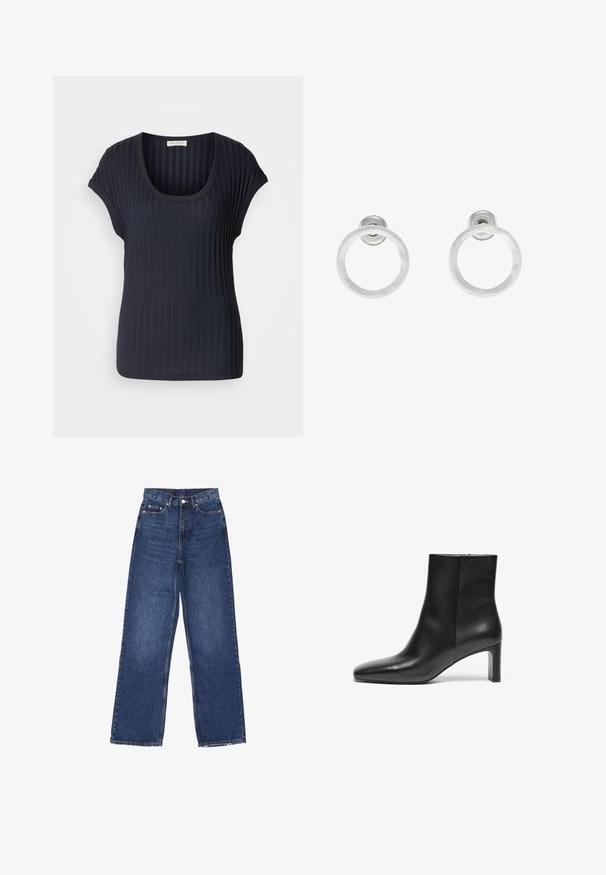 Mørkeblå ribbet T-shirt med scoop neck og korte kapærmer. Lavet af et blødt, strækbart stof, der har en glat tekstur og tætsiddende form.; Bredde ben blå denim jeans med høj talje, der har en knaplukning, fem lommer og diskret falmning på stoffet.; Sort læder ankelstøvle med spids tå, snæver hæl og glat tekstur; har en lynlåslukning i siden.; Sølvmetalløreringe med en børstet tekstur, der har et cirkulært design og en klar post til sikker bæring.