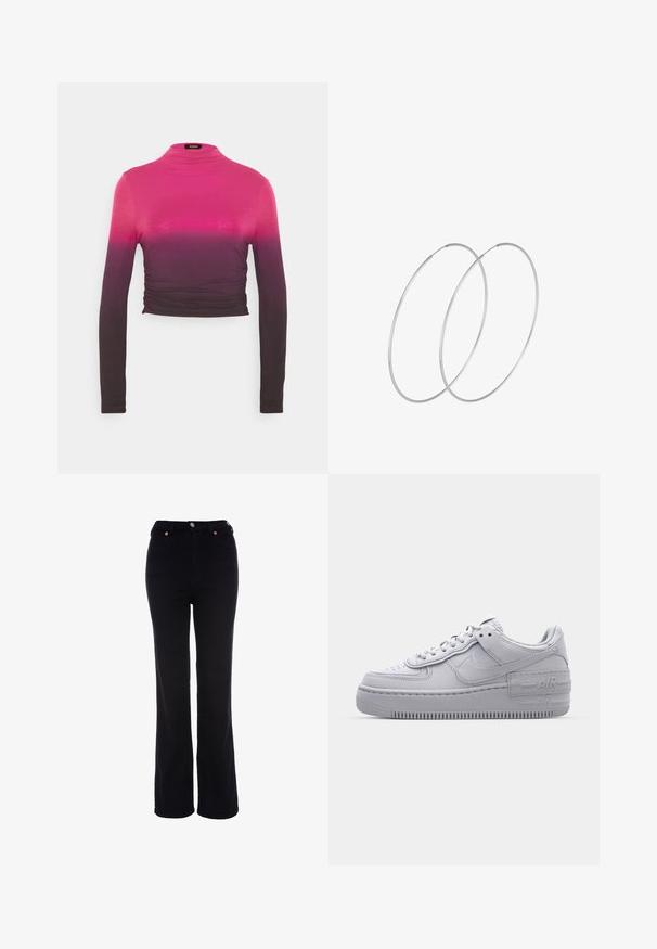 Zign STUDIO by Zalando TENCEL ™ LONG SLEEVE GATHERING - Longsleeve - pink; Zwarte, hooggetailleerde rechte broek met knoop- en ritssluiting, riemlussen en voorzakken.; Grijze Nike Air Force 1 sneaker met geperforeerde neus, glad leren bovenwerk, dikke zool en verhoogde 'AIR' details op de hiel.; Zilveren hoepel oorbellen met een minimalistisch ontwerp. Cirkelvormig, gladde textuur en dun profiel. Lichtgewicht met een gepolijste afwerking.