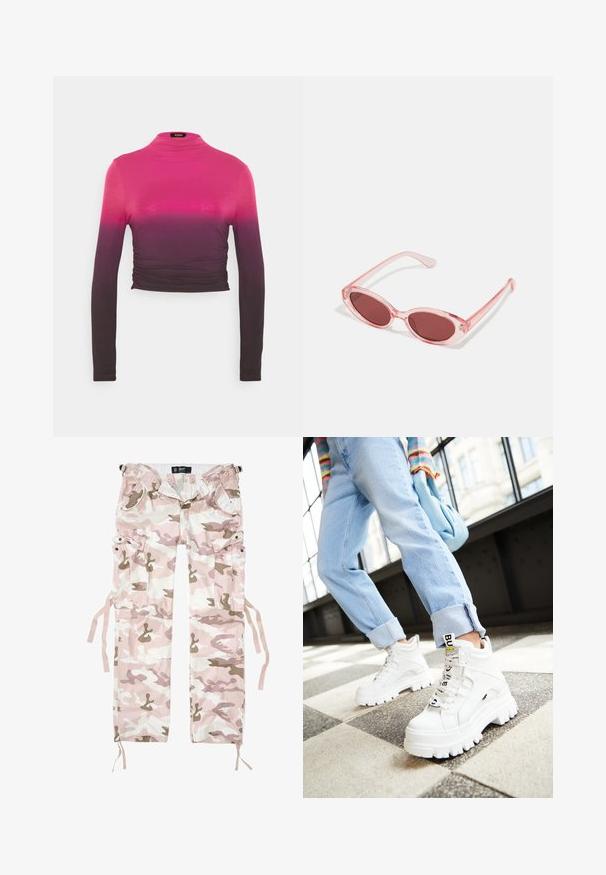 Zign STUDIO by Zalando TENCEL ™ LONG SLEEVE GATHERING - Pikkade varrukatega topp - pink; Roosade ja beezhtoonuse kamuflaažiga cargo püksid, puuvillane materjal, mitme taskuga ja nööriga kinnitused pahkluude juures.; Valged massiivsed tossud paksude talladega, paeltega esiosal ja brändi sildiga. Kandmine helesiniste mansettidega teksadega mustrilisel põrandal.; Roosa läbipaistvusega prillid ovaalsete läätsedega, tumepunase varjundiga ja peenikeste varsidega, millel on sile viimistlus ja peened detailid raamile.