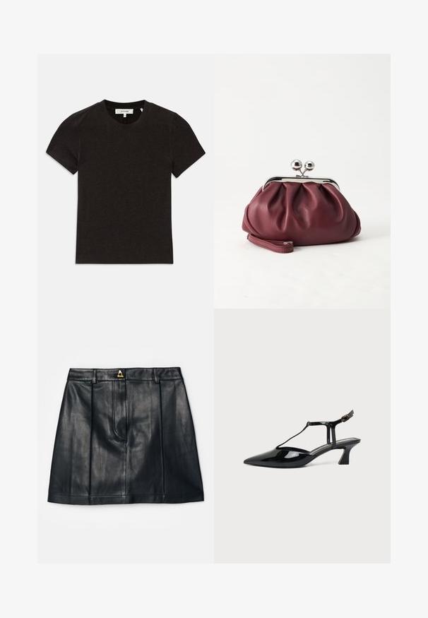 Camiseta negra de punto acanalado de manga corta con cuello redondo y etiqueta de marca visible en el cuello.; AERON RUDENS SKIRT - Falda acampanada - black; Zapato slingback de cuero charol negro con punta fina, tira en T y tacón bajo en bloque inclinado sobre fondo blanco.; Pequeño bolso de mano de cuero burdeos con cierre metálico plateado y correa de muñeca sobre un fondo blanco.