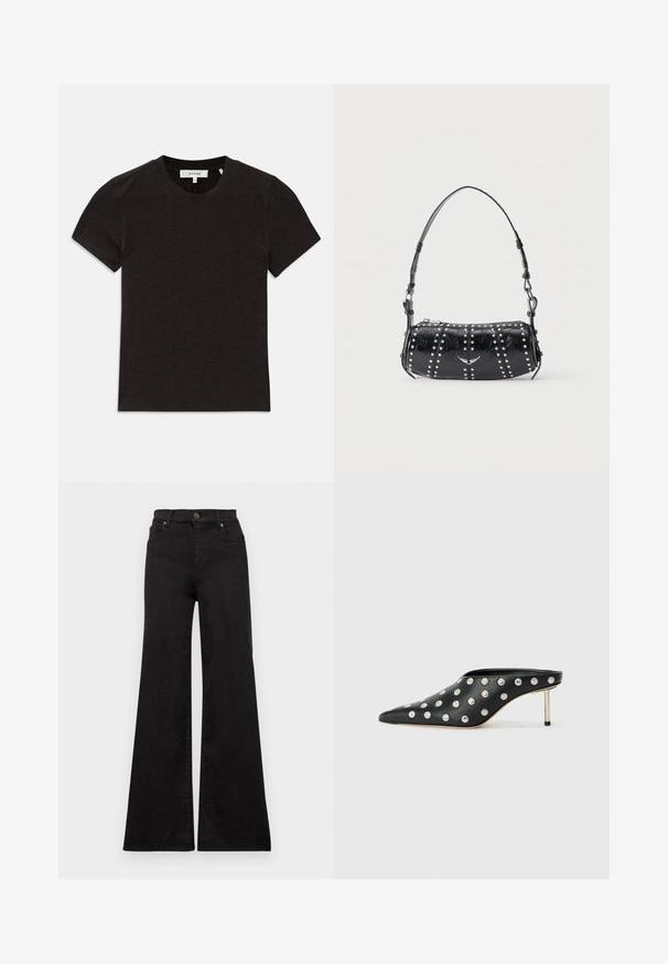 T-shirt noir à manches courtes en tricot côtelé avec encolure ronde et étiquette de marque visible au niveau du col.; Jean flare noir en denim avec taille haute, présentant des poches avant et des garnitures métalliques sur le bouton et les rivets.; STAND STUDIO KELSEY - Mules à talons - black; Sac d'épaule en cuir verni noir orné de clous argentés disposés en rangées verticales et d'un petit emblème d'oiseau argenté au centre devant.