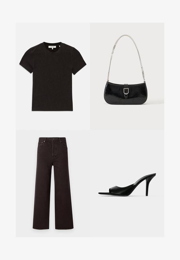 T-shirt noir à manches courtes en tricot côtelé avec encolure ronde et étiquette de marque visible au niveau du col.; Jean noir à jambes larges avec taille haute, fabriqué en denim. Dispose de cinq poches et d'une fermeture à bouton en métal, texture lisse et design classique.; Mule à talon haut en cuir noir à bout ouvert avec un talon stiletto fin, vue de profil sur un fond uni.; Sac à épaule en cuir verni noir avec détail de boucle argentée et bandoulière en chaîne argentée, présenté sur un fond uni clair.