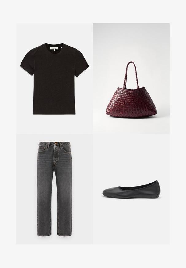 Sort kortærmet ribbet strik T-shirt med rund halsudskæring og synlig mærkelabel ved kraven.; Mørkegrå jeans lavet af denim, med lige ben, fem lommer og synlige stikninger. Knaplukning i taljen.; Sort læderballetsko med rund tå, glat tekstur, minimal syning og et fleksibelt såldesign.; DRAGON DIFFUSION SANTA CROCE BIG - Håndtasker - bordo