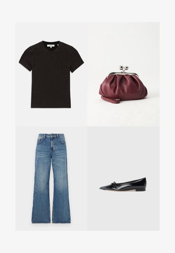 Schwarzes kurzärmeliges T-Shirt aus geripptem Strick mit Rundhalsausschnitt und sichtbarem Markenlabel am Kragen.; Helle blaue Jeans mit hoher Taille, weitem, ausladendem Bein und klassischem Fünf-Taschen-Design. Ausgewaschene Textur mit sichtbaren Nähdetails.; Schwarze Lackleder-Ballerina mit spitzem Zehenbereich, kleinem dekorativen Riemen und niedrigem Blockabsatz. Glatte Textur und elegantes Design.; Kleine burgunderrote Lederclutch mit silbernem Metallverschluss und Handgelenksriemen auf weißem Hintergrund.