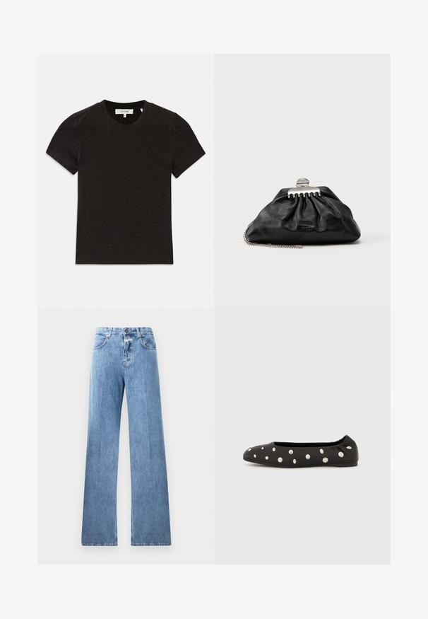 Zwarte t-shirt met korte mouwen van ribgebreid materiaal, voorzien van een ronde halslijn en zichtbaar merklabel op de kraag.; Lichtblauwe denim jeans met een wijde pasvorm, vijf zakken, lussen voor een riem en een knoopsluiting. De stof heeft een gladde textuur.; Zwarte ballerina met elastische achterkant en verspreide grote zilveren ronde studs op de bovenzijde, in profiel weergegeven tegen een witte achtergrond.; Zwarte leren clutch met geplooid ontwerp, zilveren sluiting en kettingriem. Subtiele merkopdruk aan de voorkant.