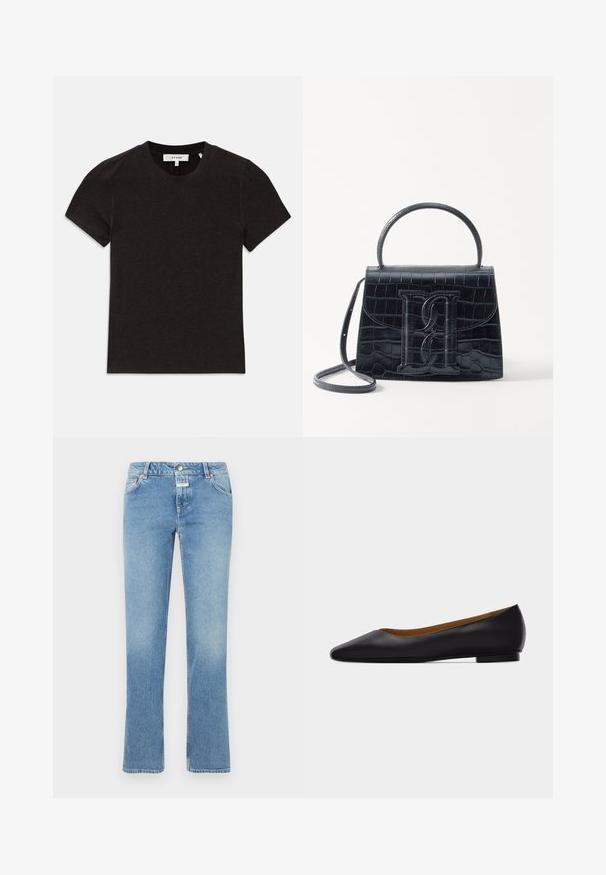 Sort kortærmet ribbet strik T-shirt med rund halsudskæring og synlig mærkelabel ved kraven.; Blå denim jeans med lige ben design, medium taljehøjde, fem lommer og subtil fading i hele stoffet.; Sort læder flad sko med spids tå, lav hæl og glat finish, vist fra siden på en lysegrå baggrund.; Sort krokodillede læderhandbag med en struktureret design, top-håndtag, justerbar rem og et fremtrædende frontlogo.