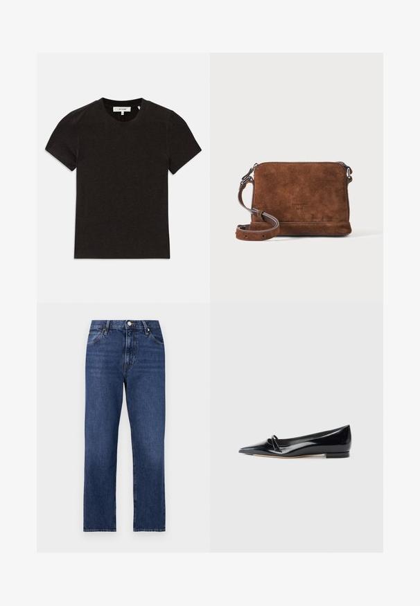 Schwarzes kurzärmeliges T-Shirt aus geripptem Strick mit Rundhalsausschnitt und sichtbarem Markenlabel am Kragen.; Jeans aus Denim in einem dunklen Blauton. Gerades Bein Design mit fünf Taschen, Frontknopfverschluss und kontrastierenden Stickereidetails.; Schwarze Lackleder-Ballerina mit spitzem Zehenbereich, kleinem dekorativen Riemen und niedrigem Blockabsatz. Glatte Textur und elegantes Design.; Braune Wildleder-Umhängetasche mit verstellbarem Riemen und silbernen Beschlägen, rechteckige Form auf einfarbig hellem Hintergrund.