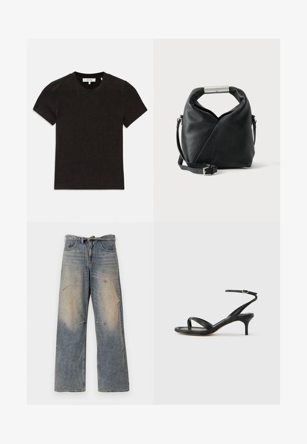 Zwarte t-shirt met korte mouwen van ribgebreid materiaal, voorzien van een ronde halslijn en zichtbaar merklabel op de kraag.; Lichtblauwe denim jeans met een losse, recht gesneden pasvorm. Voorzien van slijtageplekken, vervaging en distressed details bij de knieën. Klassiek five-pocket ontwerp.; Zwarte leren dames sandaal met dunne bandjes, een teengreep, een enkelgesp en een stilettohak van gemiddelde hoogte op een neutrale achtergrond.; Zwarte gestructureerde leren handtas met een opgerolde handvat met een zilveren metalen stang en een verstelbare schouderriem met gesp.
