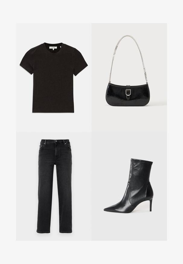 T-shirt noir à manches courtes en tricot côtelé avec encolure ronde et étiquette de marque visible au niveau du col.; Jean en denim noir avec une coupe droite. Comprend une fermeture à bouton, un design à cinq poches et des détails de couture minimes. Texture lisse.; Bottes noires à la cheville en cuir lisse, dotées d'un bout pointu, d'un tige ajustée et d'un talon haut fin. Design minimaliste sans quincaillerie visible.; Sac à épaule en cuir verni noir avec détail de boucle argentée et bandoulière en chaîne argentée, présenté sur un fond uni clair.