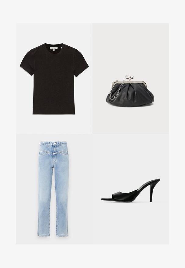 T-shirt noir à manches courtes en tricot côtelé avec encolure ronde et étiquette de marque visible au niveau du col.; Jean en denim bleu clair avec taille haute et coupe droite. Présente un léger délavage, un design standard à cinq poches, et une fermeture à bouton en métal.; Mule à talon haut en cuir noir à bout ouvert avec un talon stiletto fin, vue de profil sur un fond uni.; Porte-monnaie en cuir noir avec texture froncée, cadre en métal argenté, fermeture à verrouillage kiss-lock et bandoulière en chaîne. Surface lisse et douce.