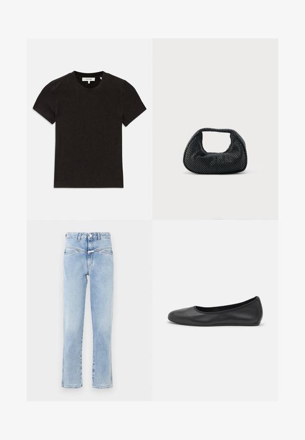 Schwarzes kurzärmeliges T-Shirt aus geripptem Strick mit Rundhalsausschnitt und sichtbarem Markenlabel am Kragen.; Hellblaue Denim-Jeans mit hoher Taille und geradem Schnitt. Verfügt über dezente Ausbleichungen, klassisches Fünf-Taschen-Design und einen Metallknopfverschluss.; Schwarze Leder-Ballettschuhe mit abgerundeter Spitze, glatter Textur, minimalen Nähdetails und einem flexiblen Sohlen-Design.; Schwarze gewebte Hobo-Tasche mit weicher Struktur und integriertem Griff, dargestellt vor einem schlichten hellen Hintergrund.