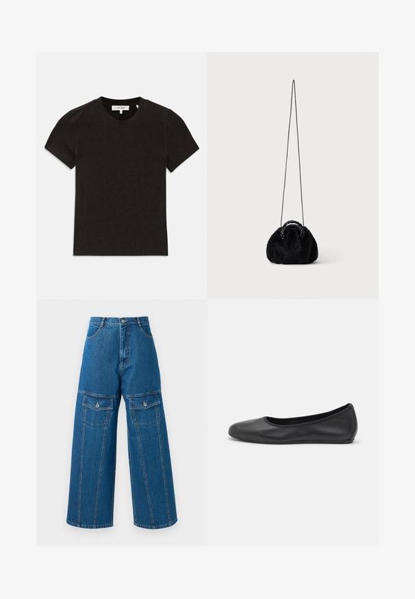 Must musta-särgid, lühikeste varrukatega, ribakujulise kudumisega, ümmarguse kaelusega ja nähtava brändi etikett kaeluses.; Heledad denim püksid helesinises toonis, millel on kõrge vöökoht, nähtavad õmblused ja kaks nööbiga klapp-taskut igal küljel.; Musthave mustika tantsutossud mustast nahast, ümmarguse varbaga, siledast tekstuurist, minimaalse õmblusdetailiga ja paindliku tallakujundusega.; Väike must kunstkarvast käekott palmikutega ülaosal ning pikk õhuke õlarihm ühevärvilisel taustal.