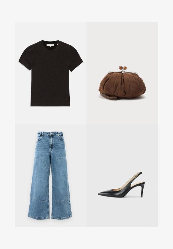 Zwarte t-shirt met korte mouwen van ribgebreid materiaal, voorzien van een ronde halslijn en zichtbaar merklabel op de kraag.; Lichtblauwe denim wijde pijpen jeans met een hoge taille, grote voorkruiden en zichtbare stiksels. Beschikt over een klassieke vijf-pocketontwerp.; Zwarte leren slingback-hakken met een spitse neus, verstelbare band en een elegante stiletto-hak, met een gladde afwerking.; Zachte bruine suède polstasje met zilverkleurige metalen frame en ronde bruine sluitknopjes op een effen lichte achtergrond.