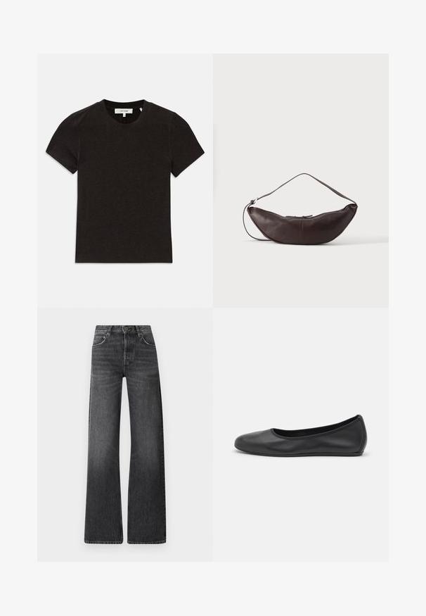 Zwarte t-shirt met korte mouwen van ribgebreid materiaal, voorzien van een ronde halslijn en zichtbaar merklabel op de kraag.; Zwarte spijkerbroek van denim met een hoge taille en een wijd uitlopende pasvorm. Bevat vijf zakken en een subtiele vervaagde textuur met contrasterende stiksels.; Zwarte leren ballerina met een ronde neus, gladde textuur, minimale stikdetails en een flexibele zoolontwerp.; Donkerbruine leren schoudertas in halve maan vorm met een gebogen band en zichtbare stiksels op een effen achtergrond.