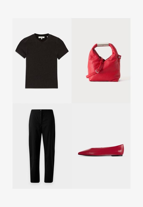 Camiseta negra de punto acanalado de manga corta con cuello redondo y etiqueta de marca visible en el cuello.; Pantalones rectos negros con cierre de botón y cremallera, tejido suave y detalles mínimos sobre un fondo claro.; Zapato plano de cuero rojo con puntera puntiaguda, suela negra y tacón bajo, mostrado de perfil sobre un fondo claro y liso.; Bolso de cuero rojo texturizado con asa de barra metálica y una correa ajustable, mostrado sobre un fondo blanco liso.