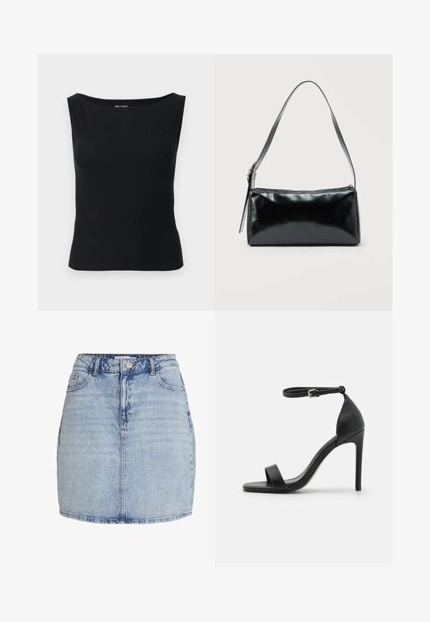 Top negro sin mangas hecho de tela acanalada, con un escote ancho y una silueta ajustada. Diseño sencillo sin patrones ni adornos.; Mini falda de mezclilla azul claro con cierre frontal de botones y cremallera, trabillas para cinturón y bolsillos delanteros.; Sandalia de tacón alto negra con un diseño elegante, que cuenta con una correa en el tobillo, punta abierta y una textura de cuero suave.; Bolso de hombro rectangular negro con una correa ajustable y un cierre de cremallera superior sobre un fondo liso.