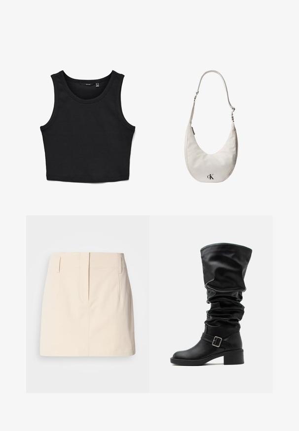 Sort cropped tank top lavet af ribbet stof. Har brede stropper og en rund halsudskæring med en tætsiddende pasform.; Calvin Klein Jeans SKIRT - A-snit nederdel - fog; Sort midtkalvet slasket læderstøvle med firkantet sølvspænde, rundet tå og lav chunky hæl på hvid baggrund.; Hvid skuldertaske i læder formet som en halvmåne med justerbar rem, lynlåslukning og sort Calvin Klein-logo foran.