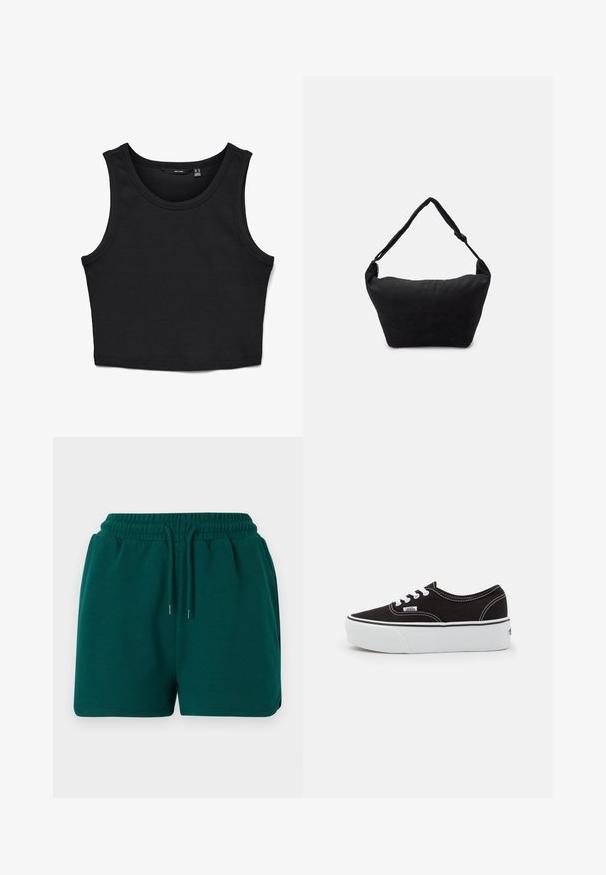 Top court noir en tissu côtelé. Dispose de larges bretelles et d'un col rond avec une coupe ajustée.; Shorts vert foncé à taille élastique avec cordon, poches latérales et texture de tissu lisse, présentés sur un fond uni.; Baskets en toile noires avec une semelle en caoutchouc blanc, dotées de lacets et de coutures blanches, marquage emblématique sur le côté, design basse.; Sac à épaule en tissu noir avec une surface texturée douce, de forme arrondie et une seule sangle. Design minimaliste sans accessoires ni quincaillerie visibles.