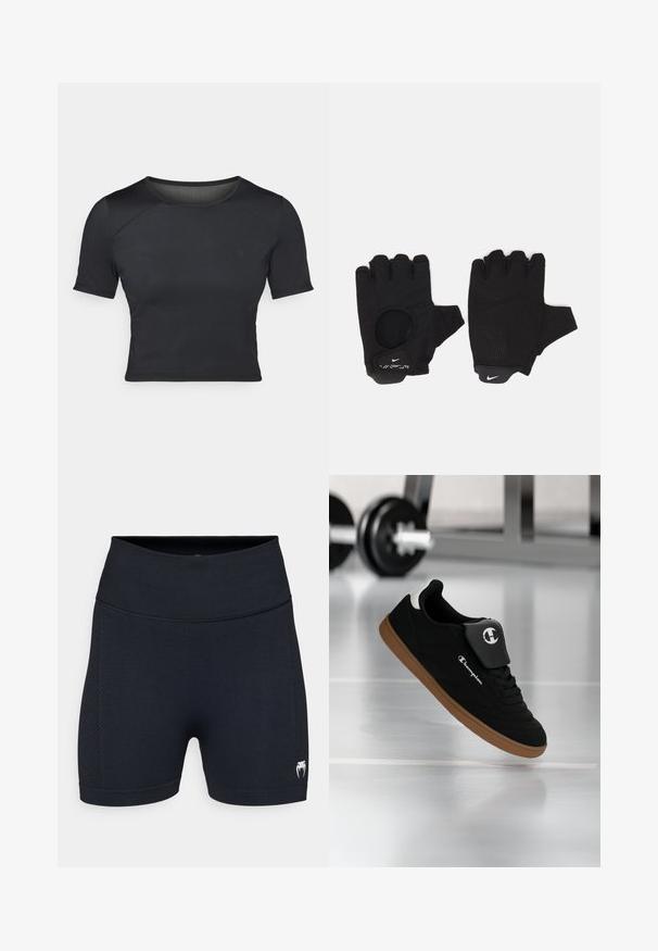 Čierny krátky rukáv crop top vyrobený z hladkej, elastickej látky s okrúhlym výstrihom a jemnými švovými detailami na pleciach.; Čierne športové šortky s hladkým materiálom a sieťovými bočnými panelmi. Majú široký pás a malé logo na dolnej časti nohavice.; Čierna a hnedá teniska značky Champion zavesená vo vzduchu v posilňovni s rozmazanou činkou v pozadí.; Čierne prstové rukavice bez prstov s textúrovaným dizajnom. Vyrobené z priedušného materiálu, s otvorom na palec a zosilnenou dlaňou pre lepší úchop.
