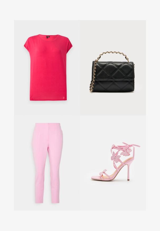 Camiseta de color rosa brillante, de manga corta, cuello redondo y corte holgado, mostrada sobre fondo gris claro.; ONLY Petite ONLJADA-MERLE CIGARETTE PANTS - Pantalones - bonbon; Sandal de tacón alto rosa con acentos de mariposa, hecho de material suave. Cuenta con tirantes delgados y un tacón esbelto.; Bolso de mano acolchado negro de cuero, con una correa de cadena en tono dorado y cierre de solapa plegable. Forma compacta con textura suave.