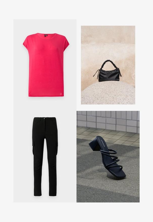 Lyserød kortærmet T-shirt med rund hals og løs pasform vist på en lysegrå baggrund.; Sorte cargo bukser med slim fit, der har sidelommer, knaplukning og et glat, let struktureret stof.; Sort sandal med firkantet tå, tre tynde stropper og blokhæl på fortov nær flisebelagt væg.; Sort håndtaske med rynkede detaljer og et samlet håndtag, hvilende på en tekstureret stensfære mod en beige betonvæg.