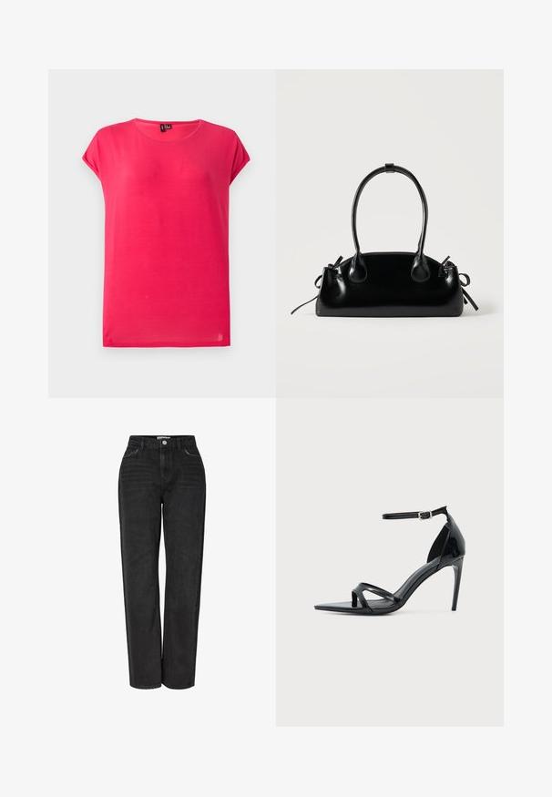 Camiseta de color rosa brillante, de manga corta, cuello redondo y corte holgado, mostrada sobre fondo gris claro.; Jeans negros de cintura alta y pierna recta con bolsillos delanteros, trabillas para cinturón y cierre de botón.; Sandalia de tacón alto de charol negro con una fina correa en el tobillo, punta abierta y diseño minimalista sobre un fondo claro y liso.; Pequeño bolso negro brillante con dos asas largas y detalles de cordón lateral sobre un fondo claro liso.