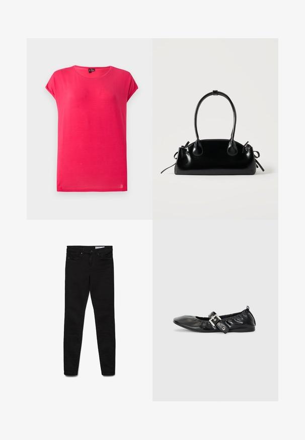 Hellpinkes kurzärmeliges Rundhals-T-Shirt in lockerer Passform, dargestellt auf einem hellgrauen Hintergrund.; Schwarze Skinny-Jeans aus Denim-Stoff mit klassischem Fünf-Taschen-Design, Reißverschluss und dezenten Nähdetails.; Schwarze Leder-Ballerinas mit spitzem Zehenbereich, gerafften Details am Schaft und einem silbernen Schnallenakzent am verstellbaren Riemen.; Kleine schwarze glänzende Handtasche mit zwei langen Griffen und seitlichen Kordelzug-Details vor einfachem hellem Hintergrund.