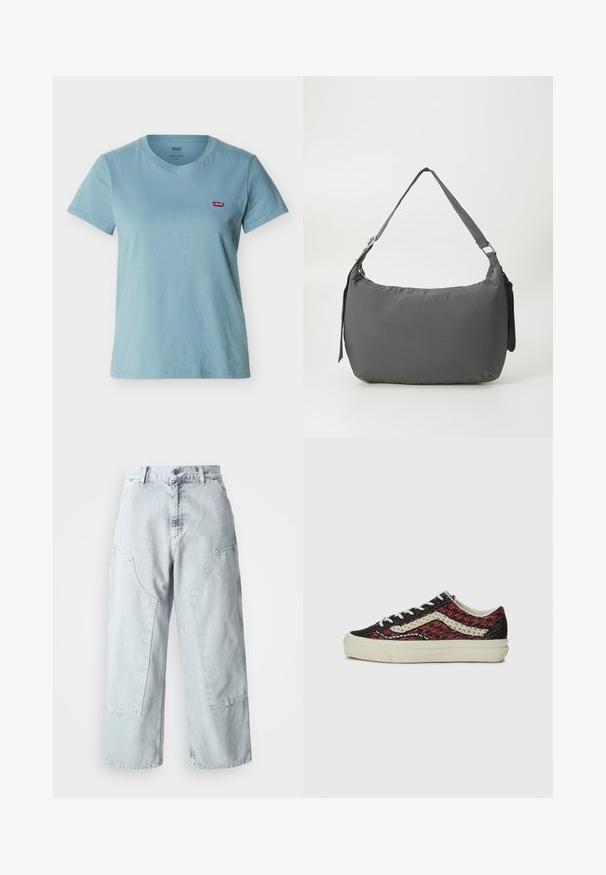 Lyseblå T-shirt med korte ærmer og rund hals, med rød Levi's-logo på venstre bryst mod en hvid baggrund.; Lys blå denim bred benbukser med store sidelommer, høj talje og løst fit. Slidte tekstur med en falmet finish.; Vans OLD SKOOL 36 UNISEX - Sneakers - bordeaux; Grå polstret skuldertaske med en buet form, en glat tekstur, justerbar strop og et diskret prægede logo på forsiden.