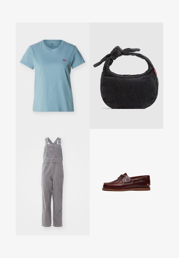 Hellblaues T-Shirt mit kurzen Ärmeln und Rundhalsausschnitt, mit rotem Levi's-Logo-Patch auf der linken Brust vor weißem Hintergrund.; Graue Denim-Overalls mit verstellbaren Trägern, einer Brusttasche und einer lockeren Passform. Sie verfügen über gerade geschnittene Beine und eine durchgehende unifarbene Gestaltung.; Brauner Leder-Bootsschuh mit Schnürsenkeln, Nahtdetails und Timberland-Logo an der Seite, auf weißem Hintergrund gezeigt.; Kleine schwarze Jeans-Umhängetasche mit geknotetem Riemen und Reißverschluss, mit einem roten Levi's Stoffetikett an der Seite.