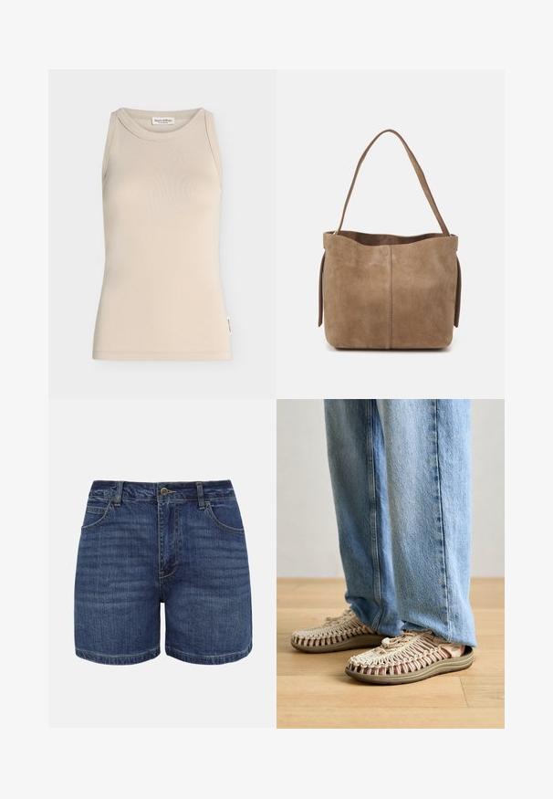 Beige mouwloos hemdje met ronde hals, eenvoudig ontwerp en klein merklabel op de zijnaden.; Donkerblauwe denimshorts met knoopsluiting aan de voorkant, ritssluiting, riemlussen en voorzakken, afgebeeld tegen een witte achtergrond.; Lichtgekleurde sandalen met een geweven bovenkant, voorzien van een chunky zool in beige met rode accenten. Een togglesluiting is zichtbaar aan de voorkant.; Bruine suède schoudertas met een zachte textuur, open top en een enkele schouderband. Heeft een gladde afwerking en minimale detaillering.
