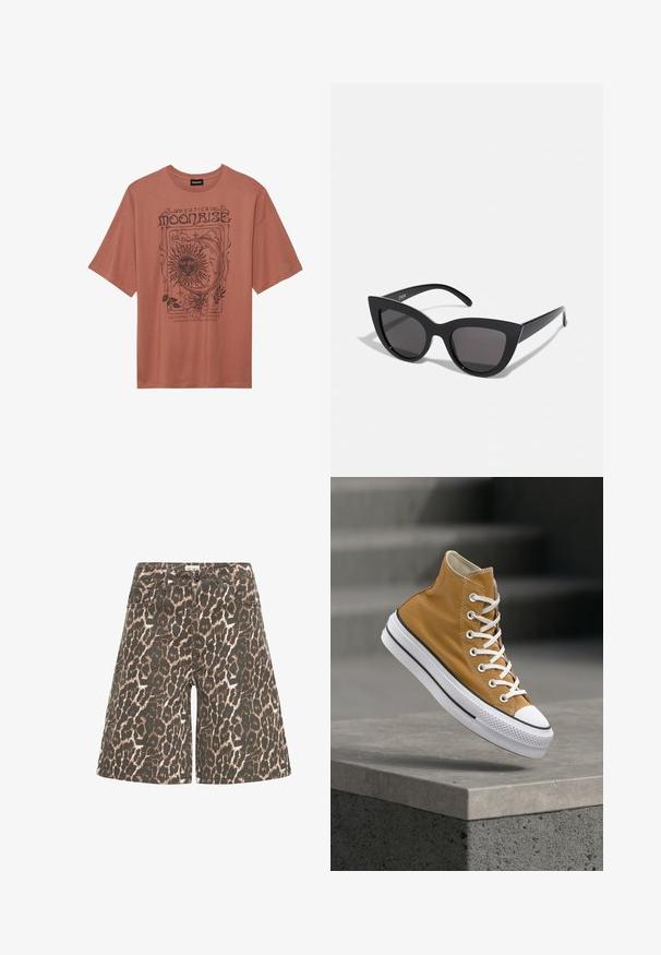 T-shirt à manches courtes, de couleur rouille, en coton. Présente un design graphique noir avec un soleil, des éléments floraux et du texte dans un style vintage.; Shorts taille haute à coupe ample avec imprimé léopard marron et noir, bouton à l'avant, fermeture éclair, et poches avant et arrière.; Baskets montantes en toile jaune moutarde avec lacets blancs, bout en caoutchouc et semelle blanche texturée à rayures noires.; Lunettes de soleil noires en forme d'œil de chat avec une finition mate, dotées de verres teintés gris, d'angles aigus et de branches élégantes. Nom de la marque visible sur la branche intérieure.