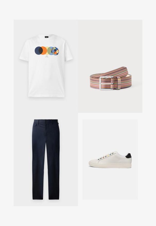 Weißes kurzärmeliges T-Shirt mit Grafik von fünf überlappenden farbigen Kreisen, der letzte ähnelt einem mehrfarbigen Fußball, und kleinem Text darunter.; Marineblau, gerade geschnittene Hose aus glattem Stoff. Mit Reißverschluss, Knopfverschluss und einer dezenten Seitentasche. Keine sichtbaren Muster.; Weiße Leder Sneaker mit leicht abgerundetem Zeh, flacher Sohle, mehrfarbigen Ösen, schwarzer Ferse und geprägt Logo an der Seite.; Aufgerollter Ledergürtel mit buntem horizontalem Streifenmuster und silberner rechteckiger Schnalle auf einfarbigem Hintergrund.