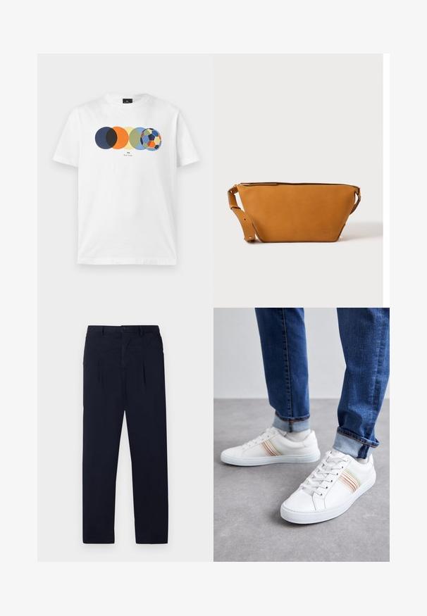 Camiseta blanca de manga corta con gráfico de cinco círculos de colores superpuestos, el último semejando un balón de fútbol multicolor, y texto pequeño debajo.; Pantalones azul marino hechos de una tela ligera que cuentan con un frente plano, dos pliegues y un cierre de botón estándar en la cintura.; Zapatillas de cuero blancas con rayas multicolores, diseño de cordones, suela de goma y cuello acolchado, combinadas con jeans de mezclilla azul.; Bolso bandolera de cuero marrón claro con correa ajustable y cierre de cremallera, mostrado sobre un fondo claro y liso.