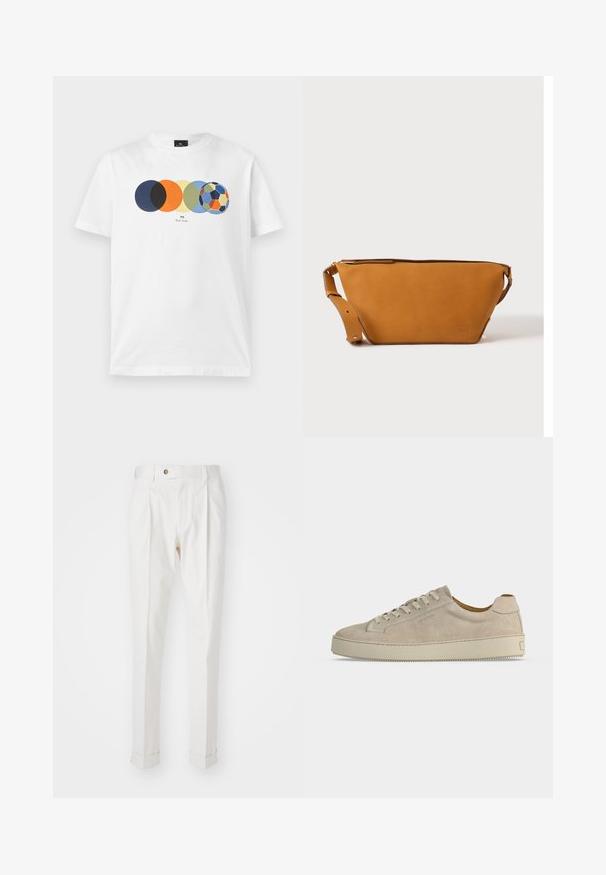 Wit T-shirt met korte mouwen met een afbeelding van vijf overlappende gekleurde cirkels, waarvan de laatste lijkt op een meerkleurige voetbal, en kleine tekst eronder.; Witte, op maat gemaakte broeken met een platte voorkant, twee plooien en omgeslagen pijpen. Gemaakt van een gladde stof met een knoopsluiting in de taille.; Beige suède lage sneaker met vetersluiting en dikke rubberen zool, gezien vanaf de zijkant op een effen witte achtergrond.; Lichtbruine leren crossbodytas met verstelbare band en ritssluiting, getoond tegen een effen lichte achtergrond.